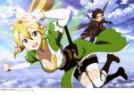  1boy 1girl absurdres black_eyes black_hair blonde_hair breasts cleavage green_eyes highres kirito kirito_(sao-alo) leafa long_hair open_mouth outdoors pointy_ears ponytail spiky_hair sword_art_online toya_kento wings 