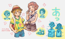  2boys 2girls alolan_exeggutor arrow_(symbol) backpack bag blonde_hair blue_bag blue_pants bracelet brown_eyes brown_hair brown_hat commentary_request cosplay denim dexio_(pokemon) dexio_(pokemon)_(cosplay) elio_(pokemon) grey_shorts hairband handbag hat ikra_(katacoly) jewelry multiple_boys multiple_girls pants pokemon pokemon_sm red_bag selene_(pokemon) shirt short_hair short_sleeves shorts sina_(pokemon) sina_(pokemon)_(cosplay) sleeveless sleeveless_shirt striped_clothes striped_shirt sunglasses t-shirt torn_clothes torn_pants torn_shorts translation_request v-neck yellow_shirt z-crystal z-ring 