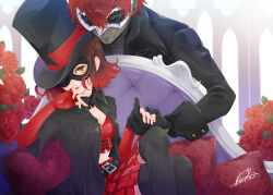 1boy 1girl amamiya_ren artist_request atlus chair female flower gloves hasegawa_akane hat holding_hands kurusu_akira mask persona persona_5 persona_5_scramble:_the_phantom_strikers phantom_thief pixiv red_lips rose smile top_hat yellow_eyes