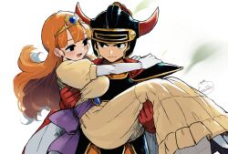  1boy 1girl armor black_armor black_eyes black_helmet breasts carrying closed_mouth commentary cowboy_shot dragon_quest dragon_quest_i dress english_commentary fake_horns helmet hero_(dq1) highres horned_helmet horns large_breasts looking_at_another lunchiblz open_mouth orange_hair princess princess_carry princess_laura signature smile tiara yellow_dress 
