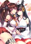  2girls bangs between_breasts black_hair black_panties blush breasts brown_eyes brown_hair butterfly cherry_blossoms closed_mouth detached_sleeves flower fusou_(kantai_collection) hair_flower hair_ornament head_tilt headgear holding_hands interlocked_fingers japanese_clothes kantai_collection large_breasts long_hair looking_at_viewer multiple_girls nishimura_eri nontraditional_miko panties pantyshot petals pleated_skirt ponytail red_eyes red_legwear red_skirt rope short_hair skirt tassel thigh-highs thigh_strap underwear very_long_hair wide_sleeves yamato_(kantai_collection) 