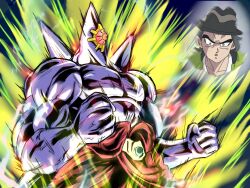  1boy black_hair black_hat broly_(dragon_ball_z) broly_(dragon_ball_z)_(cosplay) colored_skin cosplay dragon_ball dragon_ball_z gem hat highres jacket jewelry m_s_paragus mega_pokemon mega_starmie muscular no_eyes open_clothes open_jacket open_mouth parody paxton_(pokemon) pokemon pokemon_(creature) pokemon_focus pokemon_legends:_z-a purple_skin red_gemstone shirt short_hair starfish starmie style_parody white_shirt 