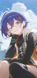  1girl ahoge belle_(zenless_zone_zero) black_shirt black_thighhighs blue_hair blue_sky bracelet building clouds commentary earclip earrings english_commentary fingerless_gloves gloves green_eyes hair_between_eyes head_rest hiera12 highres hood hooded_jacket jacket jewelry lapel_pin necklace one_eye_closed orange_gloves outdoors parted_lips print_shirt shirt short_hair single_fingerless_glove single_glove single_thighhigh sitting sky sleeveless sleeveless_jacket solo thigh-highs unzipped zenless_zone_zero zipper 