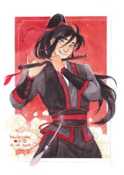  1boy alt_text artist_name belt black_hair black_hanfu black_tunic border chen_qing_ling chenqing_flute chinese_clothes commentary dizi english_commentary flower flute flute_tassel grey_border grey_eyes grey_robe hair_ribbon hanfu hawberries holding holding_flute holding_instrument instrument long_hair long_sleeves looking_at_viewer male_focus outside_border ponytail red_background red_ribbon red_theme red_trim ribbon robe sash smile solo tassel transverse_flute tunic very_long_hair watermark wei_wuxian white_flower 