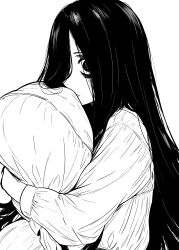  1girl @_@ absurdres commentary dress english_commentary greyscale hair_over_one_eye highres holding holding_pillow long_dress long_hair long_sleeves lughost monochrome pillow scar scar_on_face scar_on_mouth sitting solo the_ring upper_body very_long_hair yamamura_sadako 
