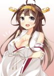  1girl black_eyes brown_hair crossed_arms detached_sleeves double_bun hairband huge_breasts kankitsunabe_(citrus) kantai_collection kongou_(kantai_collection) long_hair nontraditional_miko open_mouth 