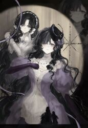  1girl absurdres aged_down black_background black_flower black_hair black_hat circle dress flower hair_flower hair_ornament hand_on_own_chest hand_up hands_up hat highres isolde_(reverse:1999) jewelry juliet_sleeves long_hair long_sleeves lv11 multiple_views necklace parted_lips puffy_sleeves purple_dress purple_flower reverse:1999 see-through_clothes see-through_veil silhouette smile sparkle tilted_headwear veil violet_eyes white_dress 