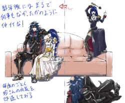  1boy 1girl alternate_color armor armored_boots assassin_cross_(ragnarok_online) before_and_after black_cape black_pants black_shirt blue_dress blue_hair boots brown_shoes cape commentary_request couch cross cross_necklace dress eremes_guile full_body garter_straps gauntlets grey_thighhighs guillotine_cross_(ragnarok_online) hetero high_priest_(ragnarok_online) holding holding_mace holding_weapon jewelry juliet_sleeves long_hair long_sleeves looking_at_another mace middle_finger necklace on_couch open_mouth pants pauldrons petticoat puffy_sleeves ragnarok_online red_eyes red_scarf sash scarf shirt shoes shoulder_armor simple_background sitting smile standing thigh-highs toriria translation_request violet_eyes waist_cape weapon white_background white_dress yellow_sash 