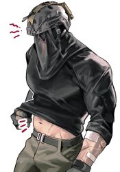  1boy bandages bandaid bandaid_on_arm black_gloves black_shirt call_of_duty call_of_duty:_modern_warfare_2 clothes_lift commentary gloves helmet konig_(call_of_duty) lifting_own_clothes male_focus mask navel nonnon9977 scar scar_on_arm scar_on_stomach shirt shirt_lift simple_background solo white_background 