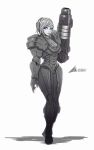  1girl arm_cannon astdevir blue_eyes female highres metroid power_armor samus_aran solo spot_color weapon 