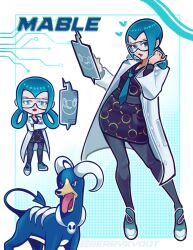  1girl berrykyoot black_dress blue_background blue_eyes blue_hair blue_necktie border character_name coat commentary dress english_commentary hair_rings highres houndoom lab_coat long_sleeves mable_(pokemon) multiple_views necktie open_clothes open_coat open_mouth pokemon pokemon_(creature) pokemon_legends:_z-a rotom rotom_phone safety_glasses twitter_username white_border white_coat 