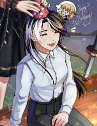  2girls absurdres black_dress black_hair closed_eyes collared_shirt commentary dress english_commentary english_text grin hand_on_lap happy_birthday hat heart highres jung_heewon long_sidelocks mountainous_horizon multicolored_hair multiple_girls omniscient_reader&#039;s_viewpoint out_of_frame party_hat planted planted_sword saihachi06 shirt shirt_tucked_in sidelocks sitting smile spoken_character streaked_hair sword two-tone_hair uriel_(omniscient_reader&#039;s_viewpoint) weapon white_shirt wrist_cuffs 