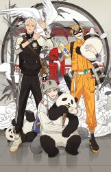  3boys animal architecture bag bamboo bee_wings bird black_shoes blonde_hair bottle bucket_hat charm_(object) compass east_asian_architecture food grey_pants gucci hat highres holding holding_animal holding_bottle hood hoodie horns ice_cream insect_wings male_focus moon_gate moss_(character) mosspaca_advertising_department multiple_boys old_xian old_xian_(character) orange_pants orange_shirt paintbrush panda pants pencil reflective_surface shirt shoes shoulder_bag single_horn smile tanjiu_(character) tile_floor tiles track_suit watch watch white_eyes white_hair white_shoes wings xiangyun 