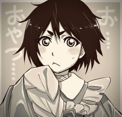  1girl claw_(weapon) commentary_request frills frown greyscale highres kudou_masashi mochizuki_azami monochrome portrait sakura_taisen sepia shin_sakura_taisen short_eyebrows short_hair solo sweatdrop translation_request weapon 