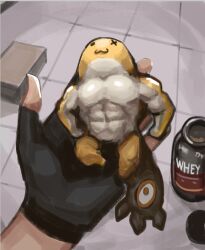  1girl :3 abs biceps black_gloves black_tail commentary english_commentary fingerless_gloves gigi_murin gloves grem_(gigi_murin) holding hololive hololive_english indoors muscular np_mango o_x pectorals photo-referenced pov virtual_youtuber whey_protein_powder 