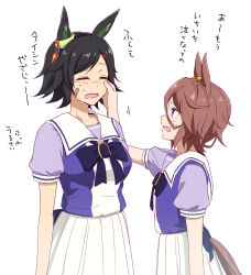 2girls animal_ears ayame_iro_(toumei_dolce) bandaid bandaid_on_cheek bandaid_on_face black_hair blue_eyes bow bowtie breasts brown_hair closed_eyes commentary_request ear_ornament hair_ornament hairclip hand_on_another&#039;s_cheek hand_on_another&#039;s_face highres horse_ears horse_girl horse_tail light_blush looking_at_another multiple_girls narita_taishin_(umamusume) open_mouth purple_bow purple_bowtie purple_shirt sailor_collar sailor_shirt school_uniform shirt short_hair short_sleeves simple_background skirt swept_bangs tail tearing_up tracen_school_uniform translation_request umamusume upper_body white_background white_skirt winning_ticket_(umamusume) 
