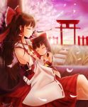  2girls arm_ribbon artist_name bow brown_hair cherry_blossoms clouds commentary crossed_legs dasoey detached_sleeves eyelashes fence frilled_collar grass hair_bow hair_tubes hakurei_reimu highres holding horizon light_trail long_hair long_ponytail mother_and_daughter motherly multiple_girls obi petals ponytail purple_sky red_skirt ribbon ribbon-trimmed_sleeves ribbon_trim sash sidelocks sitting sitting_on_lap sitting_on_person size_difference skirt sleeping sleeping_on_person sleeveless small_breasts smile socks stone_walkway sunlight sunset torii touhou tree very_long_hair white_legwear younger 