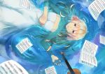  1girl blonde_hair blue_hair dress from_above highres instrument kiyoui_tsubaki long_hair miyazono_kawori shigatsu_wa_kimi_no_uso solo violin water white_dress 