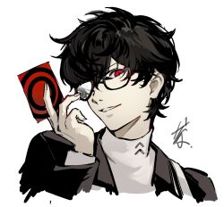  1boy amamiya_ren between_fingers black-framed_eyewear black_hair black_jacket card chinese_commentary cropped_shoulders freeze_(867139) glasses hair_between_eyes hand_up highres holding holding_card jacket long_sleeves looking_at_viewer male_focus one_eye_covered opaque_glasses parted_lips persona persona_5 red_eyes school_uniform shirt short_hair shuujin_academy_school_uniform sideways_glance signature simple_background smile smirk solo turtleneck turtleneck_shirt white_background white_shirt 