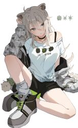  1girl absurdres ahoge animal_ear_piercing animal_ears black_choker black_shorts breasts choker clothes_writing collarbone commentary crossed_ankles double-parted_bangs drawstring elbow_on_knee grey_eyes grey_hair grey_jacket grey_socks hair_between_eyes head_on_hand head_rest highres hololive jacket jewelry knee_up large_breasts lion_ears lion_girl long_hair long_sleeves looking_to_the_side mei_am0 necklace off_shoulder open_clothes open_jacket parted_lips piercing print_shirt shirt shishiro_botan shoes short_shorts shorts simple_background single_off_shoulder sitting sneakers socks solo symbol-only_commentary very_long_hair white_background white_shirt 