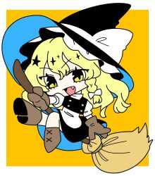 1girl absurdres apron black_hat black_skirt black_vest blonde_hair boots braid broom broom_riding brown_boots brown_gloves buttons chibi curly_hair fang fang_out frilled_hat frills gloves hair_between_eyes hair_ornament hair_ribbon hat hat_ornament hat_ribbon highres kirisame_marisa long_hair looking_at_viewer open_mouth puffy_short_sleeves puffy_sleeves ribbon ribbon_braid shirt short_sleeves simple_background single_braid skirt slit_pupils smile touhou turtleneck two-tone_background vest waist_apron white_apron white_background white_ribbon white_shirt whoru witch witch_hat yellow_background yellow_eyes 
