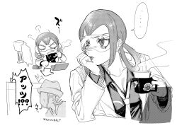  ... 1boy 1girl coffee_mug computer cup fedora goggles greyscale hair_rings hat head_rest highres lab_coat laptop mable_(pokemon) monochrome mug necktie paxton_(pokemon) pokemon pokemon_legends:_z-a rotom rotom_phone splb8ptqio89327 spoken_ellipsis 