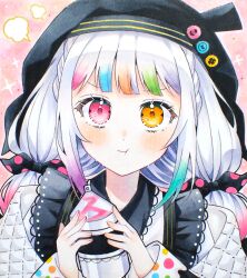  1girl :t absurdres akatsuki_nea beret blunt_bangs bow closed_mouth commentary_request hands_up hat heterochromia highres holding holding_spray_can jogasaki_noah long_hair long_sleeves looking_at_viewer mahou_shoujo_no_majo_saiban marker_(medium) multi-tied_hair multicolored_hair pink_eyes polka_dot polka_dot_bow solo spray_can streaked_hair traditional_media upper_body white_hair yellow_eyes 