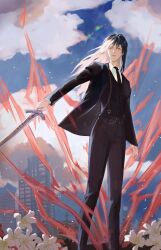  1girl black_hair black_jacket black_necktie black_vest building city collared_shirt commentary emosunfish english_commentary full_body highres holding holding_sword holding_weapon jacket jung_heewon lens_flare light_particles looking_at_viewer multicolored_hair necktie omniscient_reader&#039;s_viewpoint outdoors red_eyes serious shirt solo standing sword two-tone_hair vest weapon white_hair white_lily white_shirt 