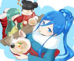  3girls akimaru_(akimaru_bd) aoki_hagane_no_arpeggio blue_eyes blue_hair bowl eating food i-402_(aoki_hagane_no_arpeggio) japanese_clothes kimono long_hair multiple_girls noodles ponytail ramen takao_(aoki_hagane_no_arpeggio) zuikaku_(aoki_hagane_no_arpeggio) 
