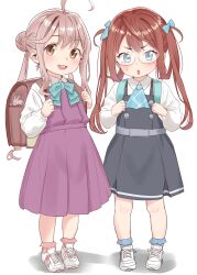  2girls absurdres adapted_costume aged_down ahoge aqua_ascot aqua_bow aqua_bowtie asagumo_(kancolle) ascot backpack bag bespectacled birthday_connection bow bowtie brown_hair collared_shirt double_bun dress dress_shirt full_body glasses grey_eyes hair_bun halter_dress halterneck highres kantai_collection long_hair long_sleeves makigumo_(kancolle) multiple_girls no_eyewear pinafore_dress pink_hair plaid_ascot plaid_clothes randoseru sakurai_nana_(moshichi) shirt shoes simple_background sleeveless sleeveless_dress sneakers twintails white_background white_shirt white_shoes yellow_eyes 