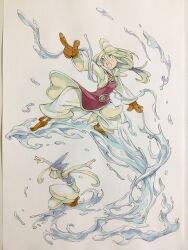  2girls ahoge bare_arms blonde_hair blue_shirt brown_gloves brown_shoes buttons closed_mouth commentary_request dress gloves green_eyes hair_between_eyes highres hydrokinesis long_hair low-tied_long_hair mahoutsukai_to_kaminari-sama midriff multiple_girls open_mouth pants peter_salt petit_(mahoutsukai_to_kaminari-sama) pointing ponytail puffy_pants raia_(mahoutsukai_to_kaminari-sama) red_dress shirt shoes sleeveless sleeveless_dress sleeveless_shirt squatting standing standing_on_liquid teeth traditional_media upper_teeth_only water white_pants white_shirt 