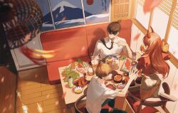  1girl 2boys absurdres alcohol bag beer beer_mug black_hair black_pants black_tea blonde_hair booth_seating bottle bowl bread chainsaw_man chair chinese_commentary cigarette cigarette_pack collared_shirt commentary_request corn_dog cup demon_horns denji_(chainsaw_man) egg fish_(food) food from_above fruit grocery_bag hanging_scroll hayakawa_aki highres holding holding_bag holding_cigarette holding_cup holding_food horns indoors kneeling lantern leaf lemon lemon_slice long_hair long_sleeves looking_to_the_side mug multiple_boys ningyu706 on_chair pants paper_bag pepper_shaker pink_hair plate ponytail power_(chainsaw_man) profile red_horns red_shoes red_sweater sashimi scroll shirt shoes shopping_bag short_ponytail short_shorts short_sleeves shorts sitting slice_of_life smoking sushi sweater t-shirt table tassel tea three-quarter_sleeves very_long_hair white_shirt white_shorts window window_blinds wing_collar wooden_floor 