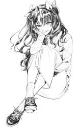  1girl blush casual crossed_ankles fate/stay_night fate_(series) full_body greyscale head_rest highres hugging_own_legs looking_at_viewer monochrome ran_(ran_0605) ribbed_socks ribbed_sweater shoes sitting sleeves_past_wrists smile socks solo sweater tohsaka_rin turtleneck turtleneck_sweater two_side_up 