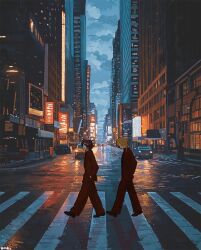  2boys absurdres alternate_costume blonde_hair blue_sky car city city_lights cityscape commentary crosswalk enki_(enkiriin) from_side full_body hand_in_pocket highres jacket luca_kaneshiro motor_vehicle multiple_boys nijisanji nijisanji_en outdoors pants red_jacket red_pants red_suit scenery shu_yamino sky suit walking 