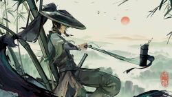  1boy absurdres arm_armor bamboo black_hair black_hat cloak closed_eyes closed_mouth commentary_request fried_frog grey_pants hat highres holding holding_sword holding_weapon leaning_back leaning_on_object long_hair male_focus pants partial_commentary ponytail qiuyuan_(wuthering_waves) solo sword weapon white_cloak wuthering_waves 