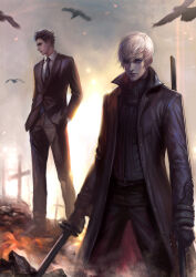  2boys bird black_coat black_jacket black_necktie black_pants closed_mouth coat collared_shirt commentary_request crow hands_in_pockets ishida_mitsunari_(sengoku_basara) jacket kdash male_focus multiple_boys necktie pants sengoku_basara shirt short_hair tokugawa_ieyasu_(sengoku_basara) white_hair white_shirt 