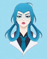  1girl absurdres black_shirt blue_background blue_eyes blue_hair blue_necktie closed_mouth commentary english_commentary glasses highres lab_coat lipstick long_hair mable_(pokemon) makeup necktie pokemon pokemon_legends:_z-a portrait safety_glasses shirt simple_background solo sunnywisp 