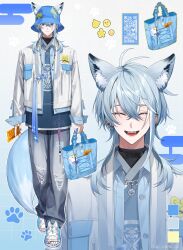  1boy :d ^_^ absurdres animal_ears antenna_hair bag bag_charm beads bell between_fingers black_shirt blue_background blue_bag blue_eyes blue_hat blue_jacket blue_ribbon blue_shirt blue_shoes breast_pocket bucket_hat chain chain_necklace charm_(object) chinese_knot closed_eyes closed_mouth collared_jacket color_guide crossed_bangs denim ear_piercing earrings ears_through_headwear egasumi extra_ears fangs fold-over_collar fox_boy fox_ears fox_tail full_body gradient_background grey_pants hair_between_eyes haro_(stave) hat hat_chain hat_ornament highres holding holding_bag jacket jade_(gemstone) jeans jewelry jingle_bell layered_clothes long_sleeves looking_at_viewer male_focus medium_hair multicolored_hair nail_polish neck_bell necklace official_art open-toe_shoes open_clothes open_jacket pants paw_print paw_print_background piercing pocket pom_pom_(clothes) print_headwear purple_nails qr_code ribbon ring_piercing shirt shoes simple_background sjamki sleeve_cuffs sleeves_past_wrists smile sneakers solo standing stave_(vtuber) sticker streaked_hair stud_earrings tail talisman tassel toenail_polish toenails torn_clothes torn_jeans torn_pants tote_bag turtleneck turtleneck_shirt undershirt untucked_shirt virtual_youtuber white_background white_jacket wolf_cut yaopei zipper zoom_layer 