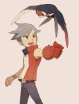  1boy beige_background bird bird_keeper_(pokemon) denbaa gloves grey_eyes grey_hair open_mouth pokemon pokemon_(creature) pokemon_(game) pokemon_oras simple_background solo taillow 