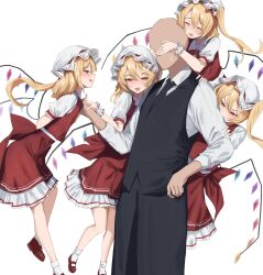  1boy 258n 4girls biting_another&#039;s_arm black_pants black_vest blonde_hair blush closed_eyes covering_another&#039;s_eyes crystal_wings faceless faceless_male flandre_scarlet floating floating_hair four_of_a_kind_(touhou) frills hair_between_eyes highres holding_hands long_hair long_sleeves looking_at_viewer multiple_girls pants parted_lips red_eyes red_shoes red_skirt red_vest shirt shoes short_sleeves side_ponytail skirt smile socks touhou vampire vest white_background white_shirt white_socks wings wrist_cuffs 