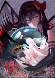  absurdly_long_hair absurdres akemi_homura akuma_homura angel_wings armlet artist_name black_dress black_gloves black_hair black_wings bow chinese_commentary commentary_request crying crying_with_eyes_open crystal_ball dress earth_(planet) elbow_gloves eyelashes faceless faceless_female feathered_wings flower full_body gears gloves goddess_madoka hair_bow hairband hao_xihuan_chi_da_jitui height_difference highres holding_planet in_ball jewelry kaname_madoka light_particles long_dress long_hair looking_at_another mahou_shoujo_madoka_magica mahou_shoujo_madoka_magica:_hangyaku_no_monogatari mihuashi_logo parted_lips pink_hair pink_theme planet pointy_nose purple_background red_bow red_flower red_hairband ruins spider_lily streaming_tears tears two_side_up upper_body very_long_hair violet_eyes watermark white_bow white_dress white_gloves white_wings wings 