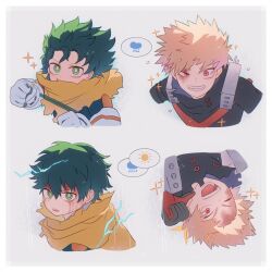  2boys bakugou_katsuki blonde_hair blood blood_on_face boku_no_hero_academia border bruise bruise_on_face clenched_hand commentary cropped_torso freckles ftroourlives gloves green_eyes green_hair grin highres injury male_focus midoriya_izuku multiple_boys multiple_views open_mouth orange_eyes scarf smile spiky_hair superhero_costume symbol-only_commentary teeth uneven_eyes white_border white_gloves yellow_scarf 
