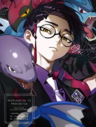  1boy arbok black_gloves black_jacket closed_mouth commentary_request corbeau_(pokemon) frown glasses gloves gyarados highres jacket male_focus nnntuume pokemon pokemon_(creature) pokemon_legends:_z-a purple_hair purple_shirt round_eyewear scolipede shirt silk slit_pupils spider_web watermark yellow_eyes 