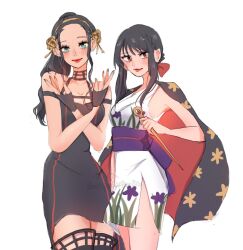  2girls black_dress black_gloves black_hair blue_eyes blunt_bangs blush boots braid commentary cosplay costume_switch cowboy_shot crossed_arms dress english_commentary eyelashes fingerless_gloves floral_print floral_print_kimono gloves hair_bun hairband haori_on_shoulders highres holding holding_weapon japanese_clothes kimono looking_at_viewer multiple_girls nico_robin nico_robin_(cosplay) obi one_piece ponytail print_kimono purple_sash ria_(917_ria) sash sidelocks simple_background sleeveless sleeveless_kimono smile spy_x_family thigh_boots weapon white_background yor_briar yor_briar_(cosplay) 