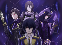  4boys arm_belt armor aura belt black_gloves black_hair black_jacket black_necktie brown_hair casting_spell cid_kagenou closed_mouth coat collared_jacket collared_shirt constricted_pupils criss-crossed_composition dark_aura eye_trail fingerless_gloves fingernails fire freedom15369 gloves gold_trim hair_between_eyes hand_up high_collar holding holding_mask hood hood_up jacket jewelry john_smith_(cid_kagenou) kage_no_jitsuryokusha_ni_naritakute! lapels light_trail long_sleeves looking_ahead looking_at_viewer mask multiple_boys multiple_persona mundane_mann_(cid_kagenou) necktie notched_lapels open_clothes open_coat parted_lips pauldrons peaked_lapels puppet_rings purple_background purple_belt purple_coat purple_fire purple_gloves purple_jacket purple_necktie purple_shirt purple_theme red_eyes ring scarf shadow_(cid_kagenou) shirt short_hair shoulder_armor shoulder_pads smirk symmetrical_pose tsurime upper_body white_shirt wing_collar wire wire_manipulation 
