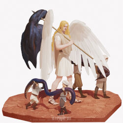  5boys absurdres angel_wings artist_logo artist_name blonde_hair blood_angels brown_sandals carrying child clear_sky feathered_wings headscarf highres holding holding_polearm holding_weapon hood hood_up light_smile logo long_hair male_focus mask mouth_mask multiple_boys no_armor polearm primarch runes sandals sanguinius severed_tentacle sky smile spear tentacles usfr warhammer_40k weapon wings yellow_eyes 