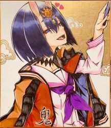  1girl asagirimao fate/grand_order fate_(series) headpiece horns jacket jacket_on_shoulders looking_at_viewer marker_(medium) oni open_mouth purple_hair school_uniform serafuku shikishi short_hair shuten_douji_(fate) shuten_douji_(sukeban)_(fate) skin-covered_horns smile solo traditional_media upper_body violet_eyes 