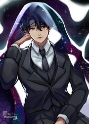  1boy absurdres black_coat black_eyes black_hair black_necktie black_vest chair cloak coat collared_shirt cowboy_shot elbow_rest expressionless hand_on_lap hand_on_own_face head_rest heterochromia highres hood hood_up hooded_cloak lounge_chair male_focus necktie omniscient_reader&#039;s_viewpoint saihachi06 scar scar_across_eye scar_on_face secretive_plotter shirt short_hair sitting solo starry_sky_print vest white_shirt yellow_eyes yoo_joonghyuk 