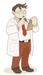  1boy brown_hair closed_eyes denbaa fat_man glasses homura_(pokemon)_(remake) necktie pokemon pokemon_(game) pokemon_oras scientist simple_background solo white_background 