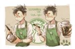  1boy apron barista black_eyes black_hair cat english ichimatsu looking_at_viewer osomatsu-kun osomatsu-san paw_print sannandaisk sleeves_rolled_up smile starbucks watch watch writing 